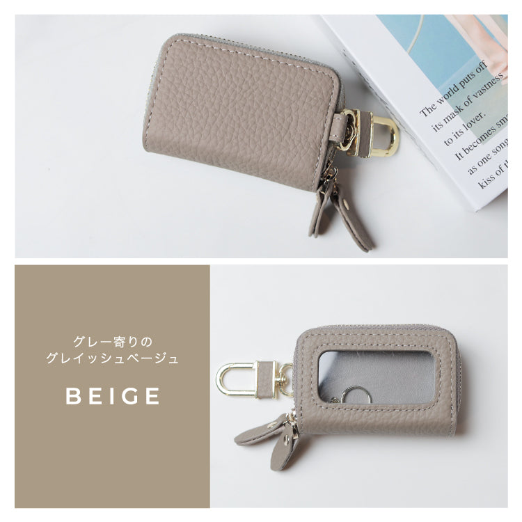 クリア窓付き スマートキーケース 2個収納 レディース 本革 ダブルファスナー 鍵 カラビナ かわいい くすみカラー ファスナー スマートキー シボ革 レザー カバー トヨタ ホンダ 日産 ダイハツ スバル 三菱 プレゼント 透明 ギフト 贈り物
