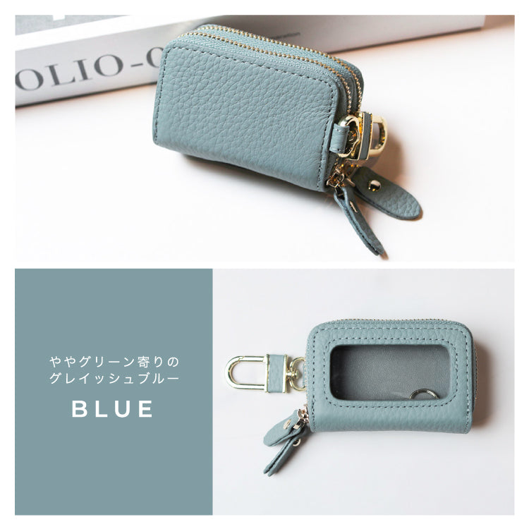 クリア窓付き スマートキーケース 2個収納 レディース 本革 ダブルファスナー 鍵 カラビナ かわいい くすみカラー ファスナー スマートキー シボ革 レザー カバー トヨタ ホンダ 日産 ダイハツ スバル 三菱 プレゼント 透明 ギフト 贈り物