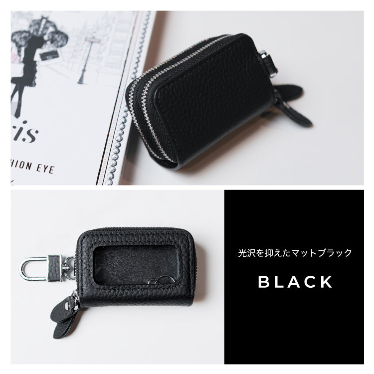 クリア窓付き スマートキーケース 2個収納 レディース 本革 ダブルファスナー 鍵 カラビナ かわいい くすみカラー ファスナー スマートキー シボ革 レザー カバー トヨタ ホンダ 日産 ダイハツ スバル 三菱 プレゼント 透明 ギフト 贈り物